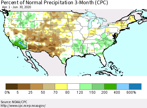 United States Percent of Normal Precipitation 3-Month (CPC) Thematic Map For 4/1/2020 - 6/30/2020