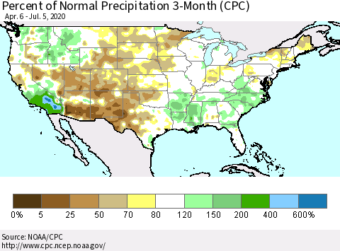 United States Percent of Normal Precipitation 3-Month (CPC) Thematic Map For 4/6/2020 - 7/5/2020