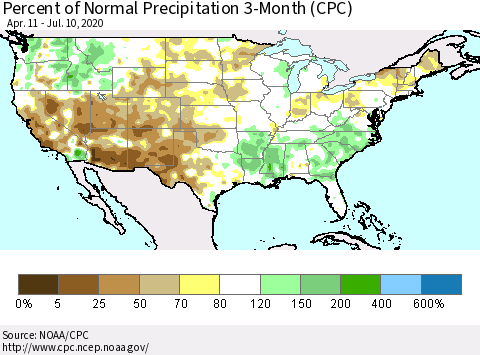United States Percent of Normal Precipitation 3-Month (CPC) Thematic Map For 4/11/2020 - 7/10/2020