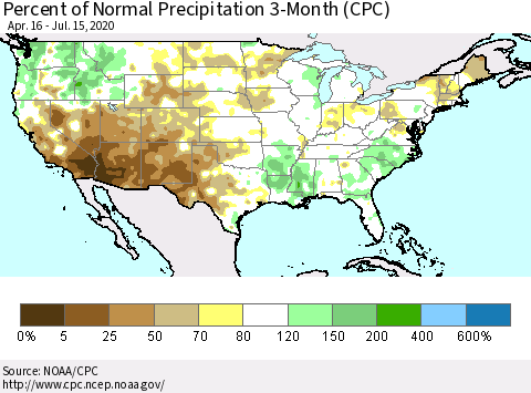 United States Percent of Normal Precipitation 3-Month (CPC) Thematic Map For 4/16/2020 - 7/15/2020