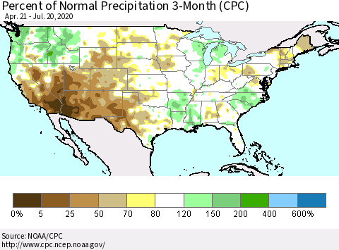 United States Percent of Normal Precipitation 3-Month (CPC) Thematic Map For 4/21/2020 - 7/20/2020