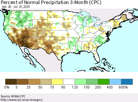 United States Percent of Normal Precipitation 3-Month (CPC) Thematic Map For 4/26/2020 - 7/25/2020