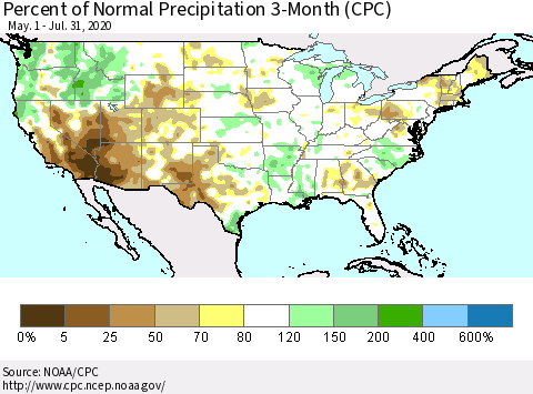 United States Percent of Normal Precipitation 3-Month (CPC) Thematic Map For 5/1/2020 - 7/31/2020