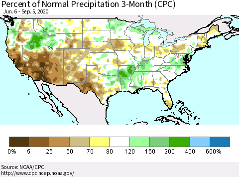 United States Percent of Normal Precipitation 3-Month (CPC) Thematic Map For 6/6/2020 - 9/5/2020