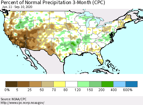 United States Percent of Normal Precipitation 3-Month (CPC) Thematic Map For 6/11/2020 - 9/10/2020