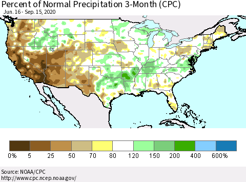 United States Percent of Normal Precipitation 3-Month (CPC) Thematic Map For 6/16/2020 - 9/15/2020