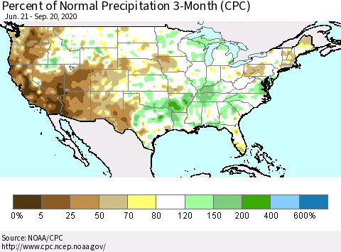 United States Percent of Normal Precipitation 3-Month (CPC) Thematic Map For 6/21/2020 - 9/20/2020