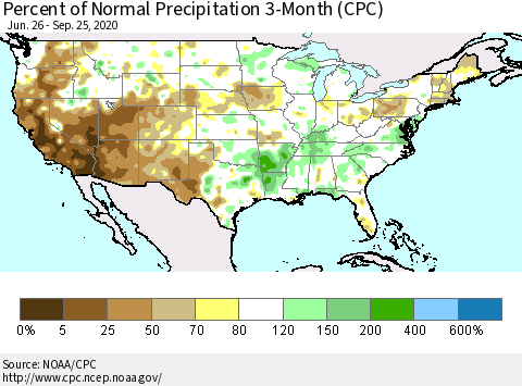 United States Percent of Normal Precipitation 3-Month (CPC) Thematic Map For 6/26/2020 - 9/25/2020