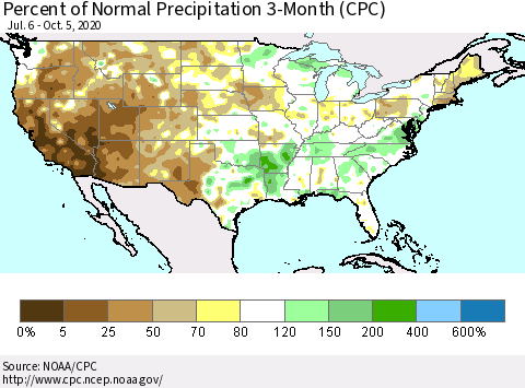 United States Percent of Normal Precipitation 3-Month (CPC) Thematic Map For 7/6/2020 - 10/5/2020