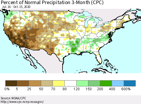United States Percent of Normal Precipitation 3-Month (CPC) Thematic Map For 7/16/2020 - 10/15/2020
