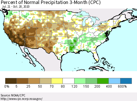 United States Percent of Normal Precipitation 3-Month (CPC) Thematic Map For 7/21/2020 - 10/20/2020