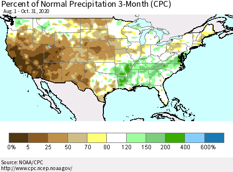 United States Percent of Normal Precipitation 3-Month (CPC) Thematic Map For 8/1/2020 - 10/31/2020