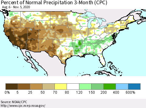 United States Percent of Normal Precipitation 3-Month (CPC) Thematic Map For 8/6/2020 - 11/5/2020
