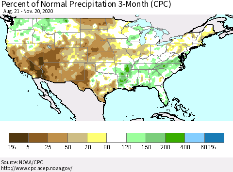United States Percent of Normal Precipitation 3-Month (CPC) Thematic Map For 8/21/2020 - 11/20/2020