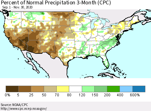 United States Percent of Normal Precipitation 3-Month (CPC) Thematic Map For 9/1/2020 - 11/30/2020