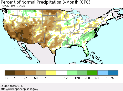 United States Percent of Normal Precipitation 3-Month (CPC) Thematic Map For 9/6/2020 - 12/5/2020