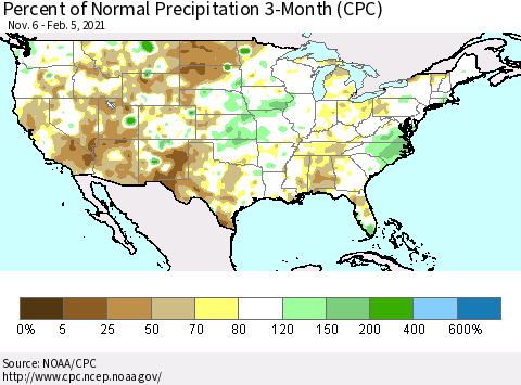 United States Percent of Normal Precipitation 3-Month (CPC) Thematic Map For 11/6/2020 - 2/5/2021