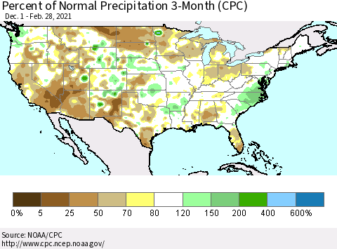 United States Percent of Normal Precipitation 3-Month (CPC) Thematic Map For 12/1/2020 - 2/28/2021