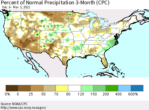 United States Percent of Normal Precipitation 3-Month (CPC) Thematic Map For 12/6/2020 - 3/5/2021