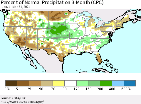 United States Percent of Normal Precipitation 3-Month (CPC) Thematic Map For 1/1/2021 - 3/31/2021