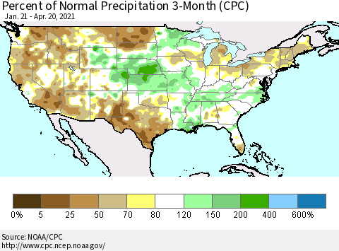 United States Percent of Normal Precipitation 3-Month (CPC) Thematic Map For 1/21/2021 - 4/20/2021