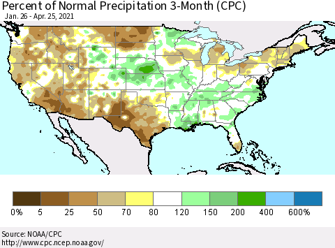 United States Percent of Normal Precipitation 3-Month (CPC) Thematic Map For 1/26/2021 - 4/25/2021