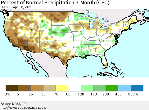 United States Percent of Normal Precipitation 3-Month (CPC) Thematic Map For 2/1/2021 - 4/30/2021