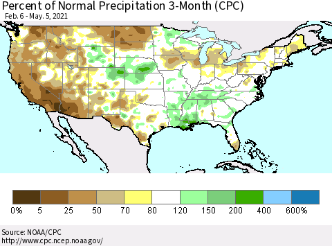 United States Percent of Normal Precipitation 3-Month (CPC) Thematic Map For 2/6/2021 - 5/5/2021