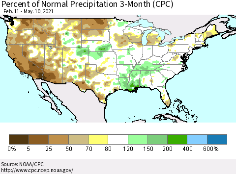 United States Percent of Normal Precipitation 3-Month (CPC) Thematic Map For 2/11/2021 - 5/10/2021