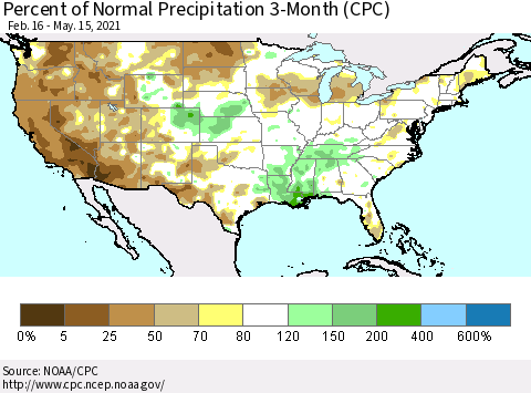 United States Percent of Normal Precipitation 3-Month (CPC) Thematic Map For 2/16/2021 - 5/15/2021