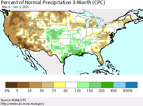 United States Percent of Normal Precipitation 3-Month (CPC) Thematic Map For 3/6/2021 - 6/5/2021