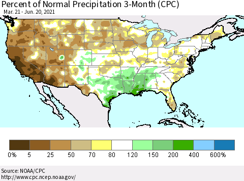 United States Percent of Normal Precipitation 3-Month (CPC) Thematic Map For 3/21/2021 - 6/20/2021