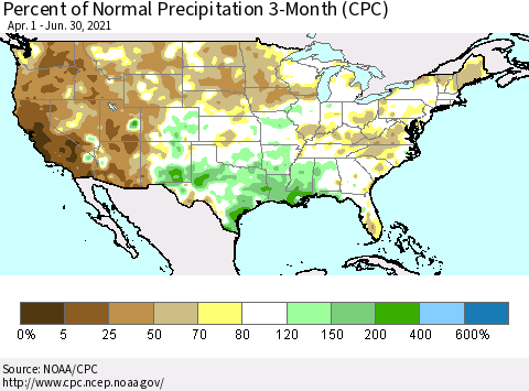 United States Percent of Normal Precipitation 3-Month (CPC) Thematic Map For 4/1/2021 - 6/30/2021