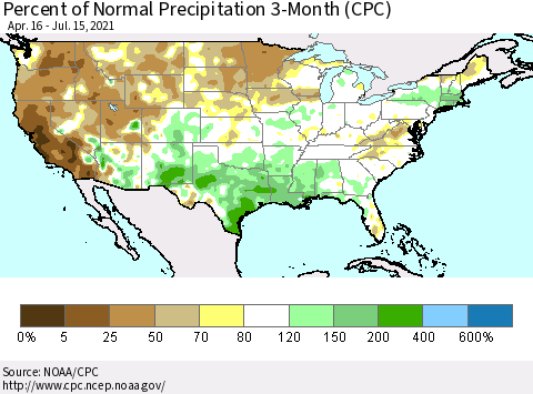 United States Percent of Normal Precipitation 3-Month (CPC) Thematic Map For 4/16/2021 - 7/15/2021