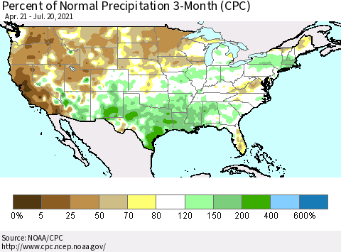 United States Percent of Normal Precipitation 3-Month (CPC) Thematic Map For 4/21/2021 - 7/20/2021