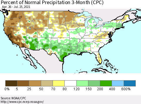 United States Percent of Normal Precipitation 3-Month (CPC) Thematic Map For 4/26/2021 - 7/25/2021