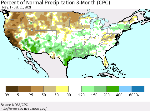 United States Percent of Normal Precipitation 3-Month (CPC) Thematic Map For 5/1/2021 - 7/31/2021