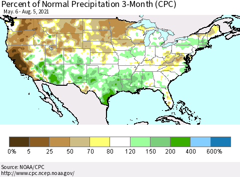 United States Percent of Normal Precipitation 3-Month (CPC) Thematic Map For 5/6/2021 - 8/5/2021
