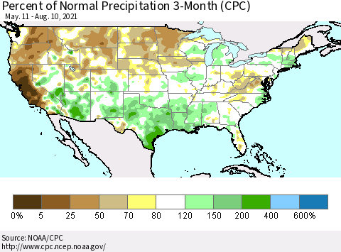 United States Percent of Normal Precipitation 3-Month (CPC) Thematic Map For 5/11/2021 - 8/10/2021