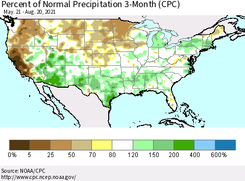 United States Percent of Normal Precipitation 3-Month (CPC) Thematic Map For 5/21/2021 - 8/20/2021