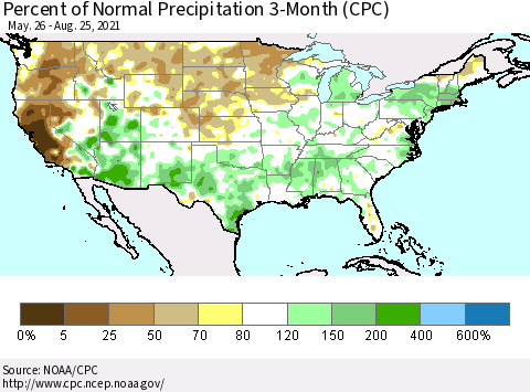 United States Percent of Normal Precipitation 3-Month (CPC) Thematic Map For 5/26/2021 - 8/25/2021