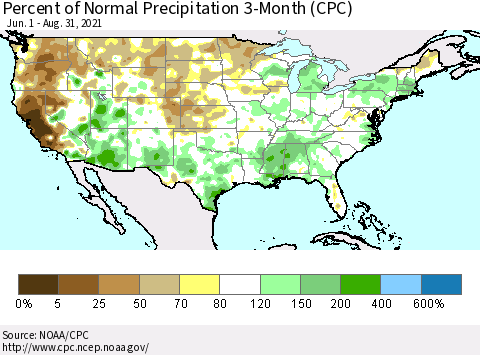 United States Percent of Normal Precipitation 3-Month (CPC) Thematic Map For 6/1/2021 - 8/31/2021