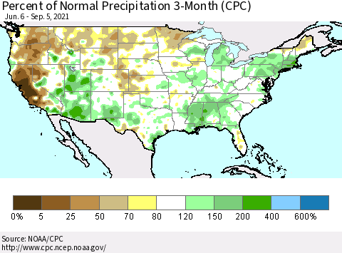 United States Percent of Normal Precipitation 3-Month (CPC) Thematic Map For 6/6/2021 - 9/5/2021