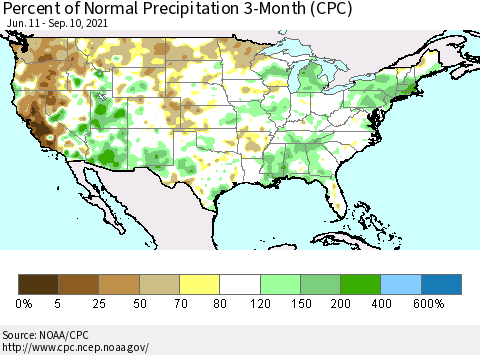 United States Percent of Normal Precipitation 3-Month (CPC) Thematic Map For 6/11/2021 - 9/10/2021