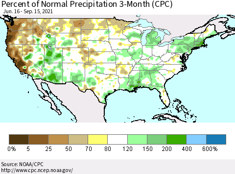 United States Percent of Normal Precipitation 3-Month (CPC) Thematic Map For 6/16/2021 - 9/15/2021