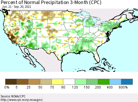 United States Percent of Normal Precipitation 3-Month (CPC) Thematic Map For 6/21/2021 - 9/20/2021