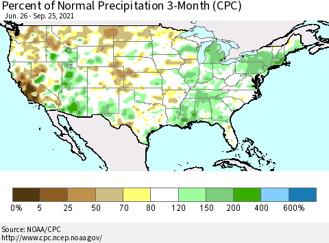 United States Percent of Normal Precipitation 3-Month (CPC) Thematic Map For 6/26/2021 - 9/25/2021