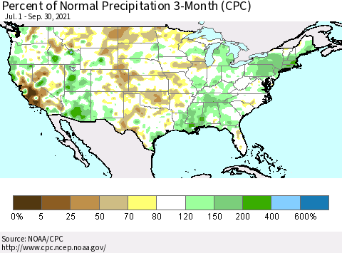 United States Percent of Normal Precipitation 3-Month (CPC) Thematic Map For 7/1/2021 - 9/30/2021