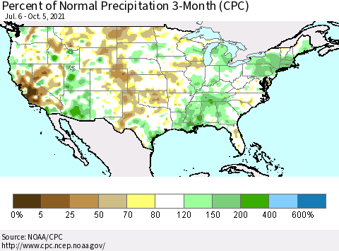 United States Percent of Normal Precipitation 3-Month (CPC) Thematic Map For 7/6/2021 - 10/5/2021