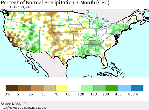 United States Percent of Normal Precipitation 3-Month (CPC) Thematic Map For 7/11/2021 - 10/10/2021